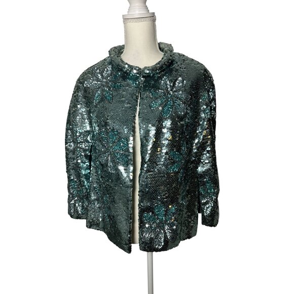 GENE SHELLY'S International Boutique Vintage 100% Wool Blue Sequin Jacket Sz 10 - Picture 3 of 14